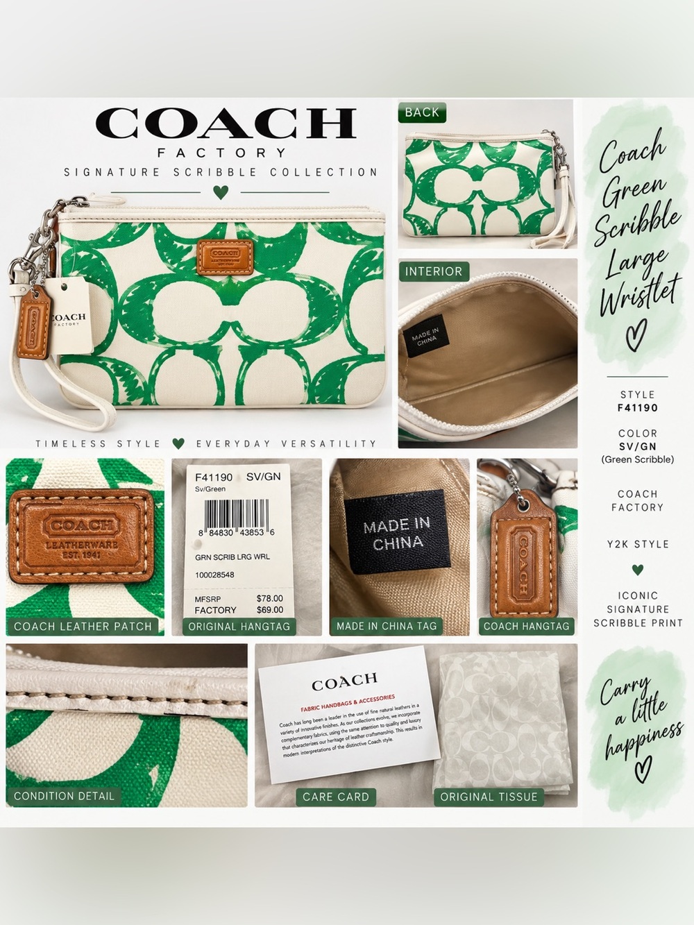 Coach F41190 Green Scribble Large Wristlet Y2K Signature NWT Tags Rare